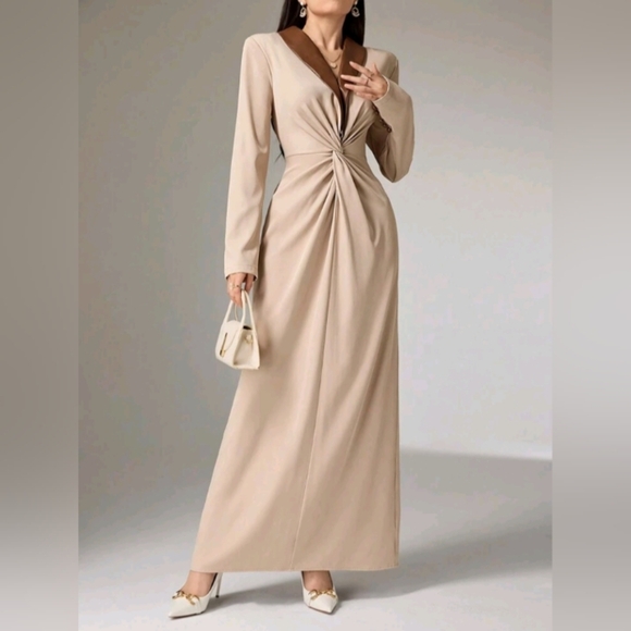 Women Contrast Color Twist Design Elegant Long Sleeve Dress - Picture 4 of 6